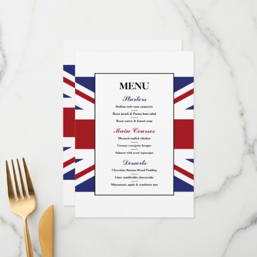 Union Jack Flag British Wedding Menu (Voorkant / Achterkant in situ)