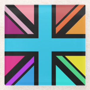 Union Jack/Flag veelkleurig + zwart ontwerp Glazen Onderzetter