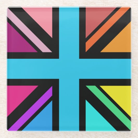 Union Jack/Flag veelkleurig + zwart ontwerp Glazen Onderzetter (Voorkant)