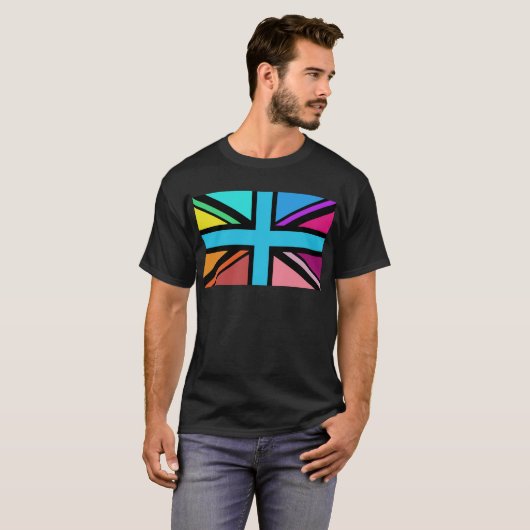 Union Jack/Flag veelkleurig + zwart ontwerp T-shirt (Voorkant volledig)