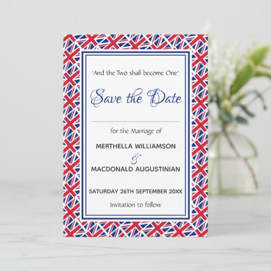 UNION JACK Gepersonaliseerd Schrift Stijlvol UK Save The Date (Staand voorkant)