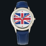 Union Jack kleurrijke polshorloge Horloge<br><div class="desc">Wat een geweldig horloge om te draag als je op stap bent. Het horloge heeft de Union Jack aan de voorkant en een blauwe band. Het horloge kan worden aangepast: stijlen (mannen,  dames,  kinderen),  kleuren,  riemen,  tekst,  enz. Dit is een geweldig cadeau voor een liefhebber van het Verenigd Koninkrijk!</div>