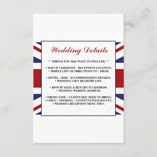 Union Jack vlag Britse bruiloft detail Informatiekaartje (Voorkant)