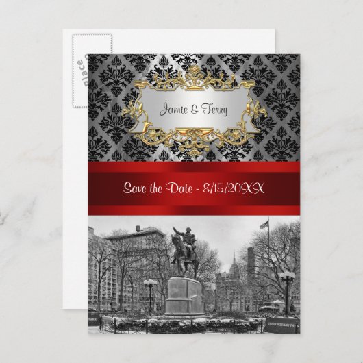 Union Square NYC Black Damask 211 Bewaar de datum Aankondigingskaart (Voorkant / Achterkant)