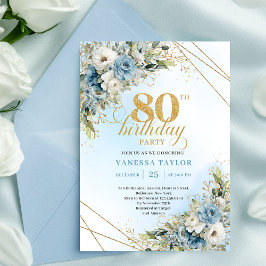 Unique 80th Birthday Invitation Boho Blue White Kaart