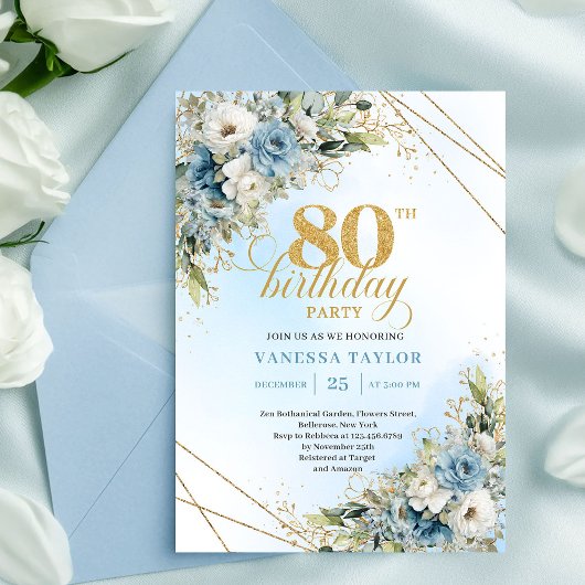 Unique 80th Birthday Invitation Boho Blue White  Kaart