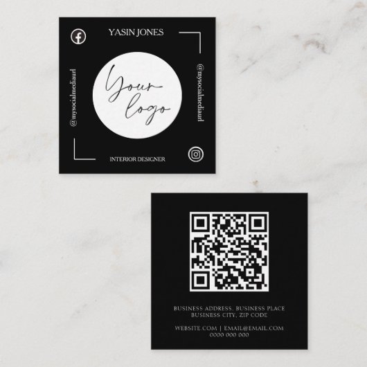 Unique Black and White QR Code Vierkante Visitekaartje (Voorkant / Achterkant)