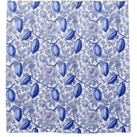 Unique Blue Toile Cocoa Chic Botanical Pattern Douchegordijn (Voorkant)