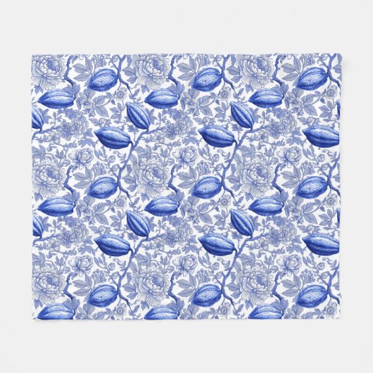 Unique Blue Toile Cocoa Chic Botanical Pattern Fleece Deken (Voorkant (Horizontaal))