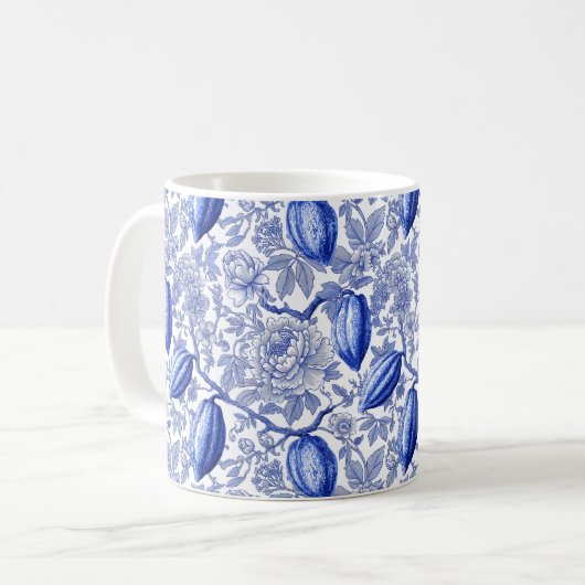 Unique Blue Toile Cocoa Chic Botanical Pattern Koffiemok (Voorkant links)