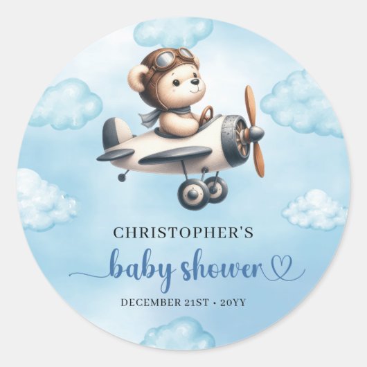 Unique Boy Baby Shower Sticker Blue Brown Teddy  (Voorkant)