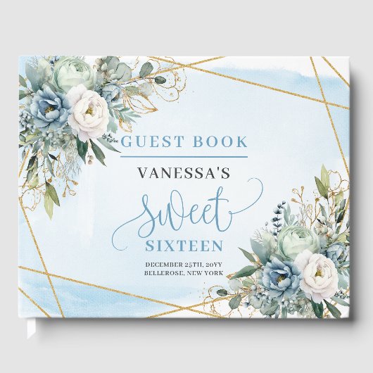 Unique Dusty Blue White Gold Flowers Sweet Sixteen Gastenboek (Voorkant)