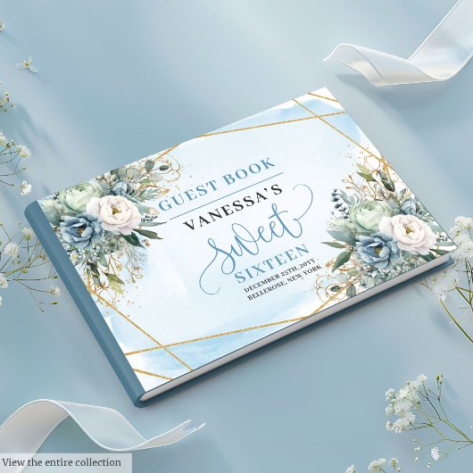 Unique Dusty Blue White Gold Flowers Sweet Sixteen Gastenboek