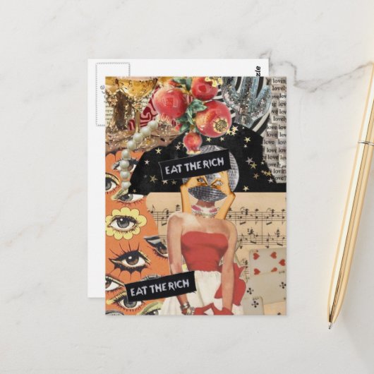 Unique Eat the Rich Mixed Media Collage Briefkaart (Voorkant / Achterkant in situ)