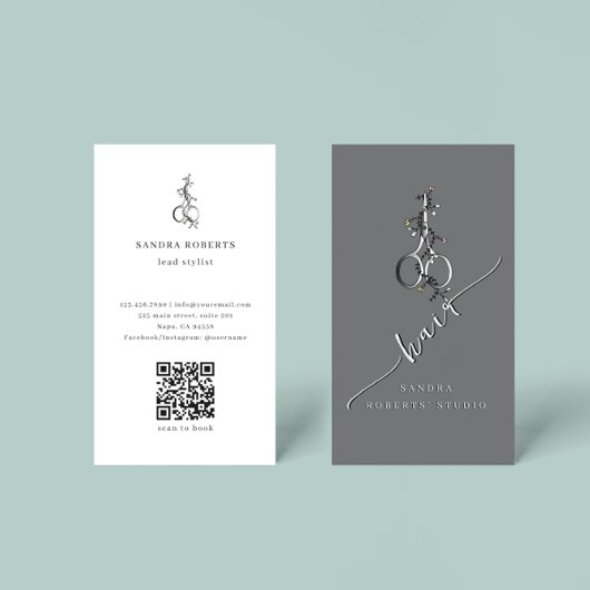 Unique Elegant Floral Scissors Logo QR Code Visitekaartje