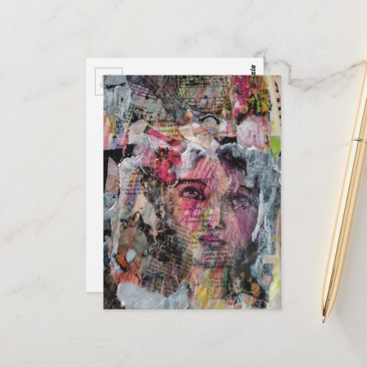 Unique face mixed media collage briefkaart (Voorkant / Achterkant in situ)