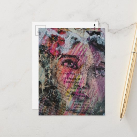 Unique face volcabulary mixed media collage briefkaart (Voorkant / Achterkant in situ)