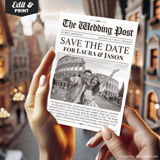 Unique Fun Photo Save the Date Wedding Newspaper Kaart