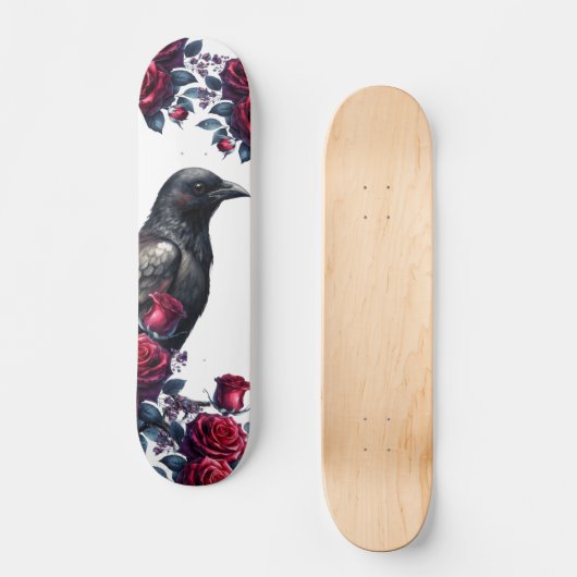 Unique Girly Black Raven & Red Roses Skate Deck (Voorkant)