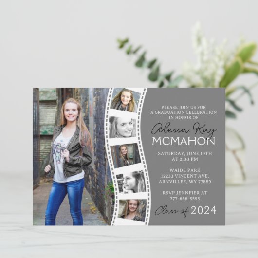 Unique Grey & White Filmstrip 6 Foto Afstuderen Kaart (Staand voorkant)