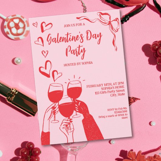 Unique Hand Drawn Pink Red Galentine's Day Party Kaart