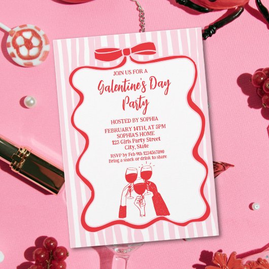Unique Hand Drawn Pink Red Galentine's Day Party Kaart