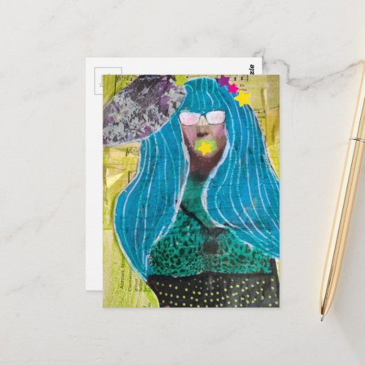 Unique Lady With Blue Hair Mixed Media Collage Briefkaart (Voorkant / Achterkant in situ)