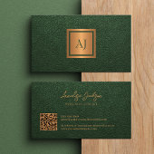 Unique modern bold monogram QR code gold green Visitekaartje