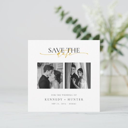 Unique Modern Elegant Gold Script Photo Wedding Save The Date (Staand voorkant)