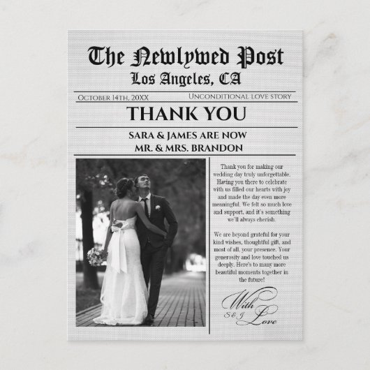 Unique Newspaper Wedding Thank You Postcard Briefkaart (Voorkant)