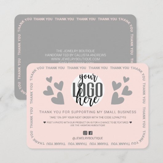 Unique Pink Border Hearts Logo Klant Dank u Bedankkaart (Voorkant / Achterkant)