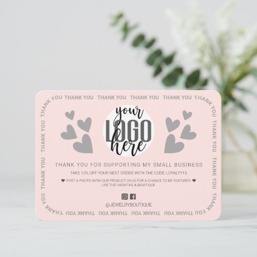 Unique Pink Border Hearts Logo Klant Dank u Bedankkaart (Staand voorkant)