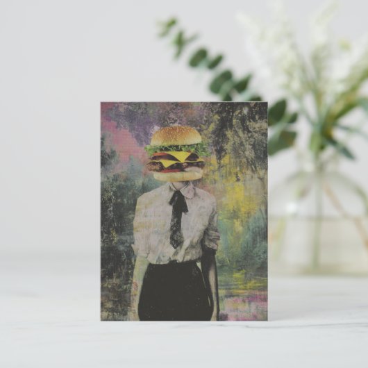 Unique Surreal Cheeseburger Woman Mixed Media Briefkaart (Staand voorkant)