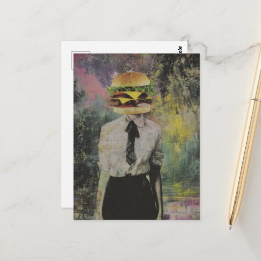 Unique Surreal Cheeseburger Woman Mixed Media Briefkaart (Voorkant / Achterkant in situ)