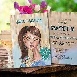 Unique Sweet 16 Invitation - Retro Bloemenmeisje Kaart