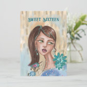 Unique Sweet 16 Invitation - Retro Bloemenmeisje Kaart (Staand voorkant)