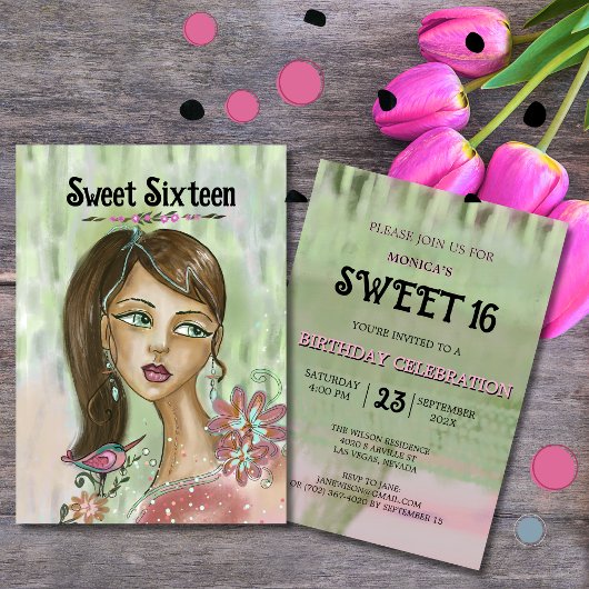 Unique Sweet 16 Invitation - Whimsica Bloemenmeisj Kaart
