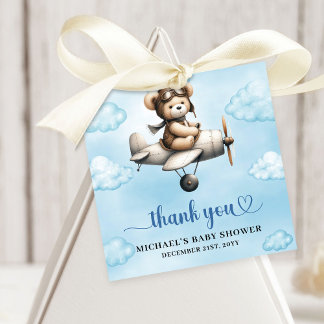 Unique Teddy Bear Pilot Airplane Blue Brown Baby  Bedankjes Labels