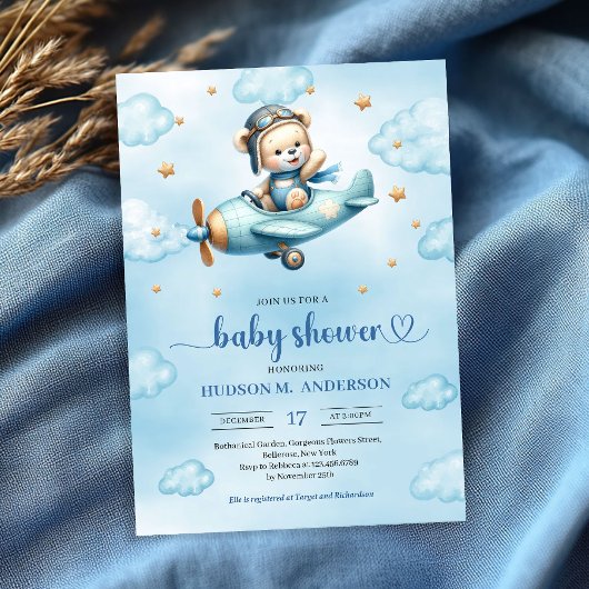Unique Teddy Bear Pilot Blue Brown Boy Shower Card Kaart