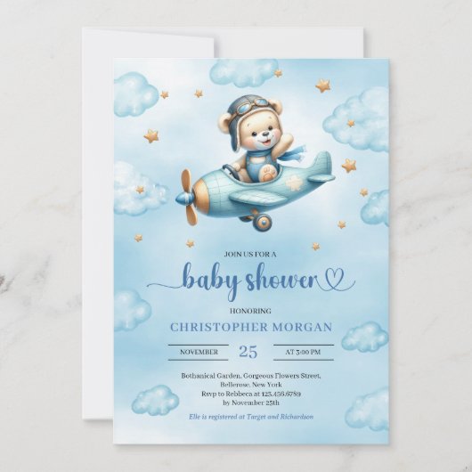 Unique Teddy Bear Pilot Blue Brown Boy Shower Card Kaart (Voorkant)