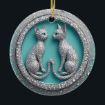Unique Twin Crystal Cat Ornament Jewelry Sculpture<br><div class="desc">Two mirrored cat sculptures encrusted with crystals form a circular luxury ornament,  dangling gem accents and intricate silver detailing against a teal backdrop for a glamorous,  elegant decorative concept.</div>