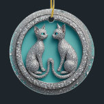 Unique Twin Crystal Cat Ornament Jewelry Sculpture<br><div class="desc">Two mirrored cat sculptures encrusted with crystals form a circular luxury ornament,  dangling gem accents and intricate silver detailing against a teal backdrop for a glamorous,  elegant decorative concept.</div>