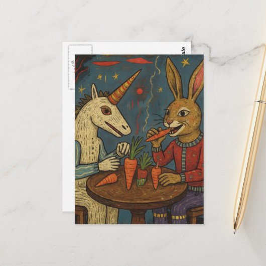 Unique Unicorn and Rabbit Eating Carrots Surreal Briefkaart (Voorkant / Achterkant in situ)