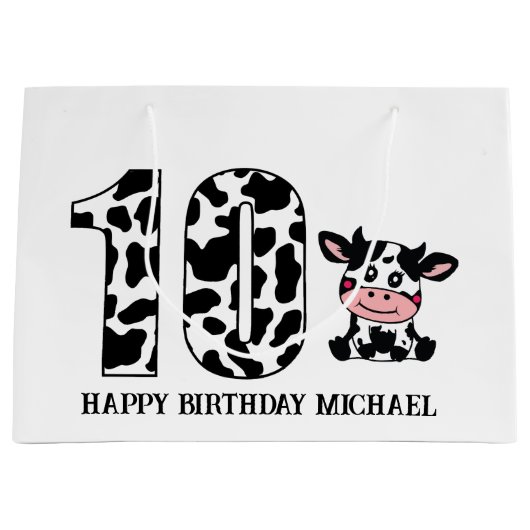 unisex 10th kids Verjaardag boerderij koe Groot Cadeauzakje (Voorkant)