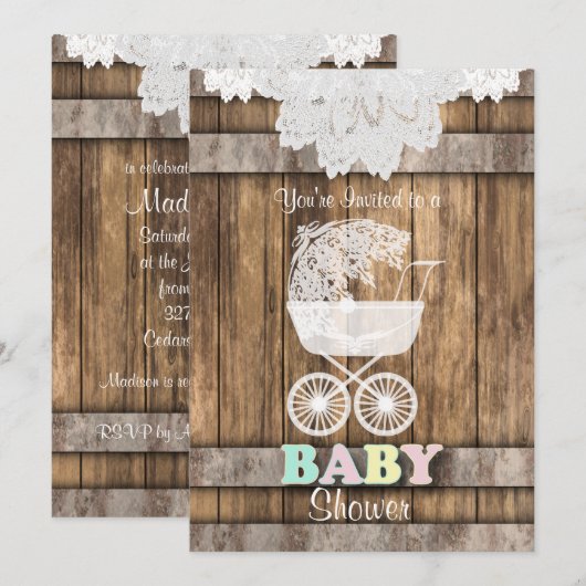 Unisex Baby 👶 Shower in Rustic Wood en Lace Kaart (Voorkant / Achterkant)