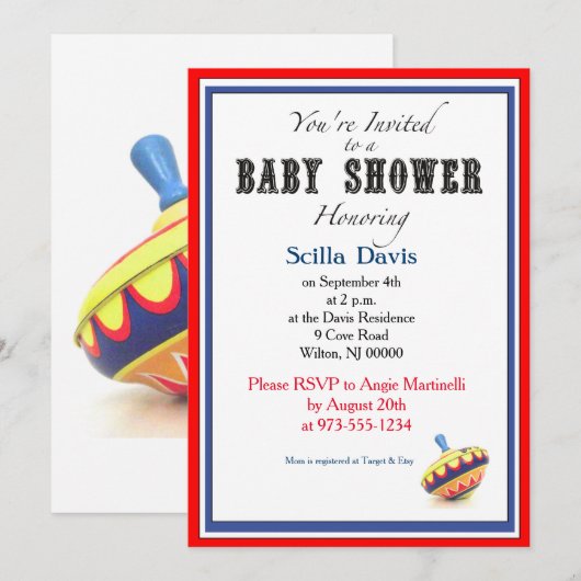 Unisex Baby shower Invitation  Spinning Top Kaart (Voorkant / Achterkant)
