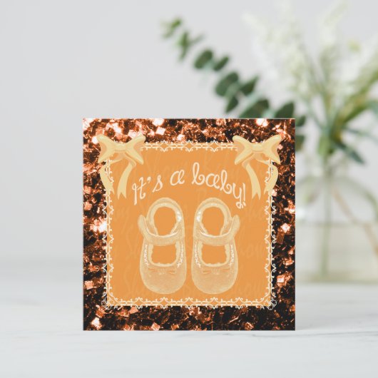 Unisex baby shower oranje bronzen sparkles Invite Kaart (Staand voorkant)
