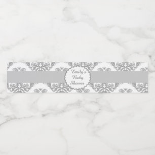 Unisex Baby showers flesetiket Silver Grey Damask Waterfles Etiket