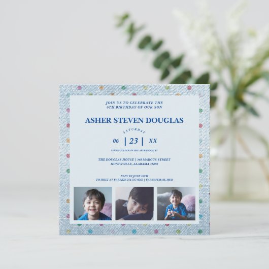 Unisex Denim Polka Dots 3 foto's Verjaardag van ki Kaart (Staand voorkant)