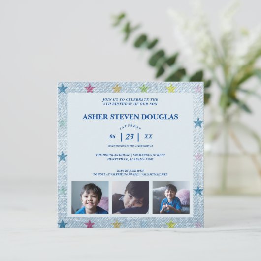 Unisex Denim Sterren Drie Foto'S Kinderen Verjaard Kaart (Staand voorkant)